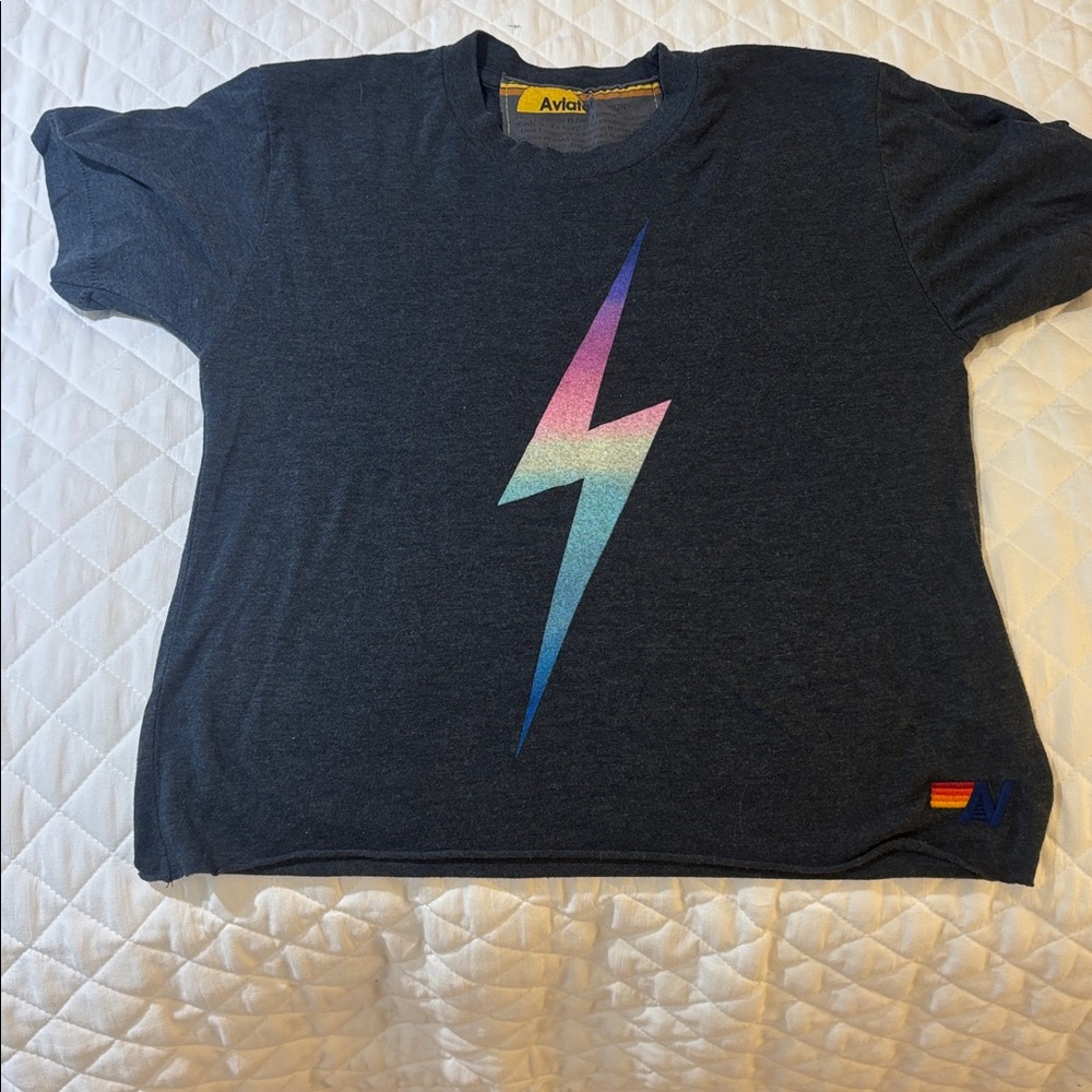 Aviator Nation black Tee with Rainbow lightning bolt